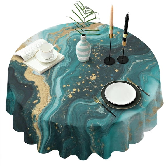 Teal Gold Marble Pattern Round Tablecloth 60"x60",Wrinkle Wipeable Table Cloth for Kitchen Dining Room Picnic Patio Party