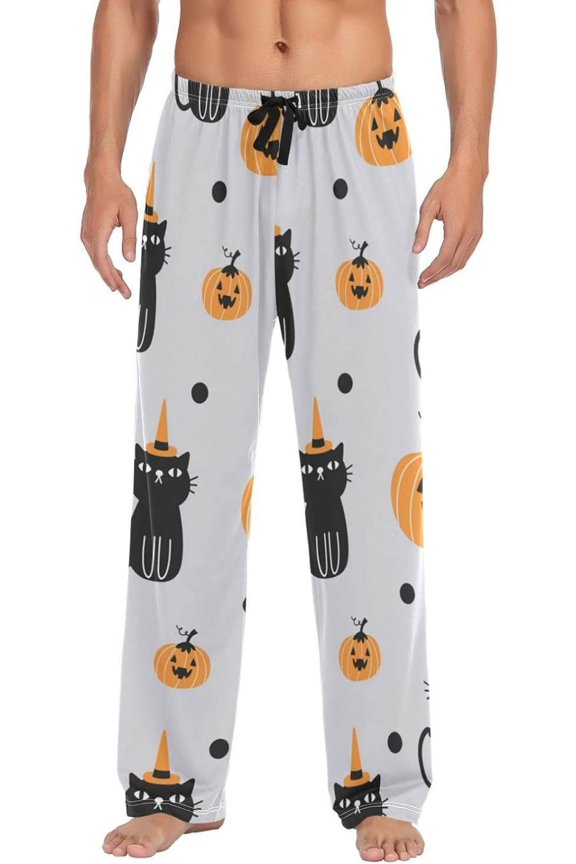 Cat and Pumpkin Pajama Pants, Mens Lounge Pants Super Soft Men Pajama Bottoms, Small, Christmas New Year Birthday Father's Day Gifts, Small