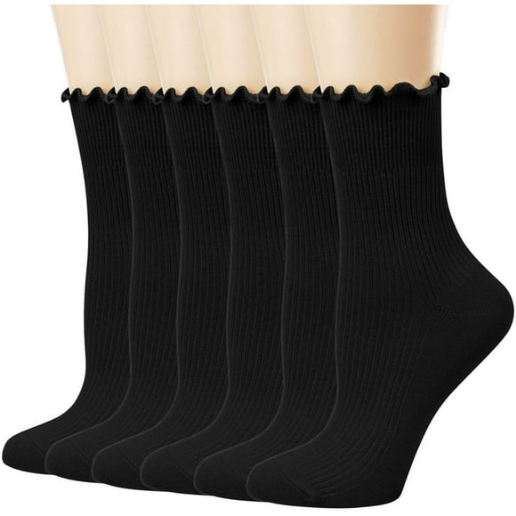 Minzimin Womens Socks, Ruffle Turn-Cuff Casual Crew Socks Breathable Cool Knit Cotton Lettuce Ankle Frilly Sock 6 Pack