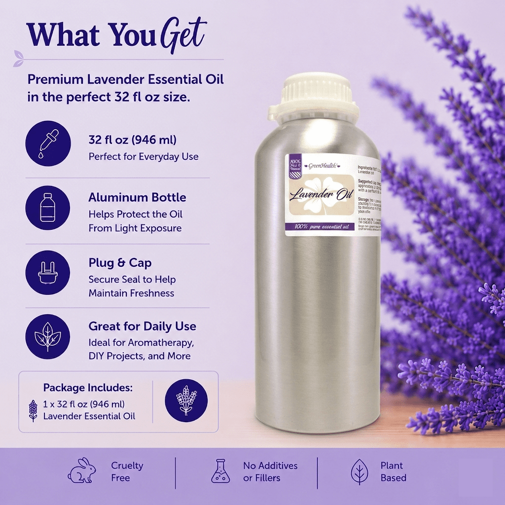 GreenHealth Lavender Essential Oil 32 fl oz (946 ml) Aluminum Bottle w/ Plug Cap