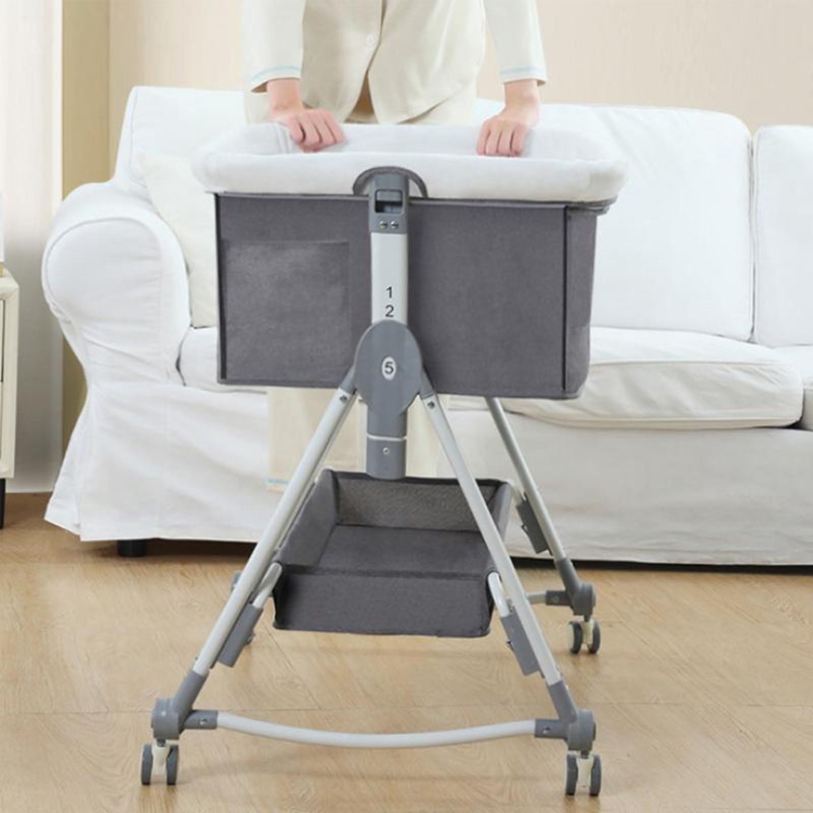 SLLINGLUO Baby Bassinet with Wheels, 5-Level Height Adjustable Folding Bedside Crib, Gray Starry Sky