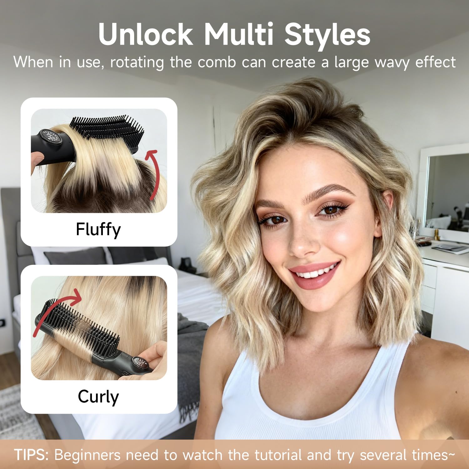 FLYZEMAA Hair Straightener Brush 2 in 1 Straightening Brush for Women with 7 Temps, Dense Bristles Anti-Scald Hot Comb for Thick Curly Hair Negative Ions, Dual Voltage, LCD Display(Black)