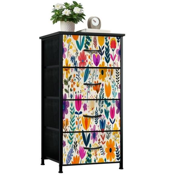 Vintage Dresser for Bedroom with 4 Storage Drawers Colorful Hand Drawn Floral Vibrant Flowers Leaves Light Dressers Chest of Drawers Steel Framed Fabric Closet Organizers for Entryway