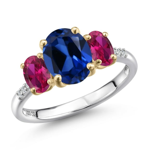 Gem Stone King 925 Silver and 10K Yellow Gold Blue Created Sapphire and Red Created Ruby and Lab Grown Diamond Engagement Ring for Women | 3.36 Cttw | Oval 9X7MM | September Birthstone | Size 5