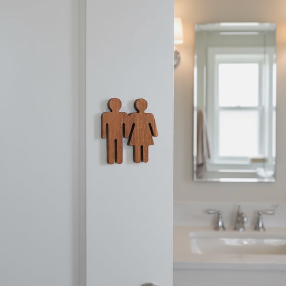Brown Wooden Restroom Door Sign