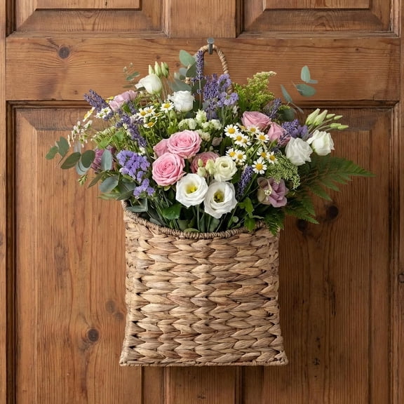 Water Hyacinth Hanging Wall Basket, Handwoven Wicker Wall Hanging Baskets for Home Decor, Entryway & Bathroom – Natural Handmade Door Basket for Stylish Wall Display, 9.8 x 4.7 x 12.6 in