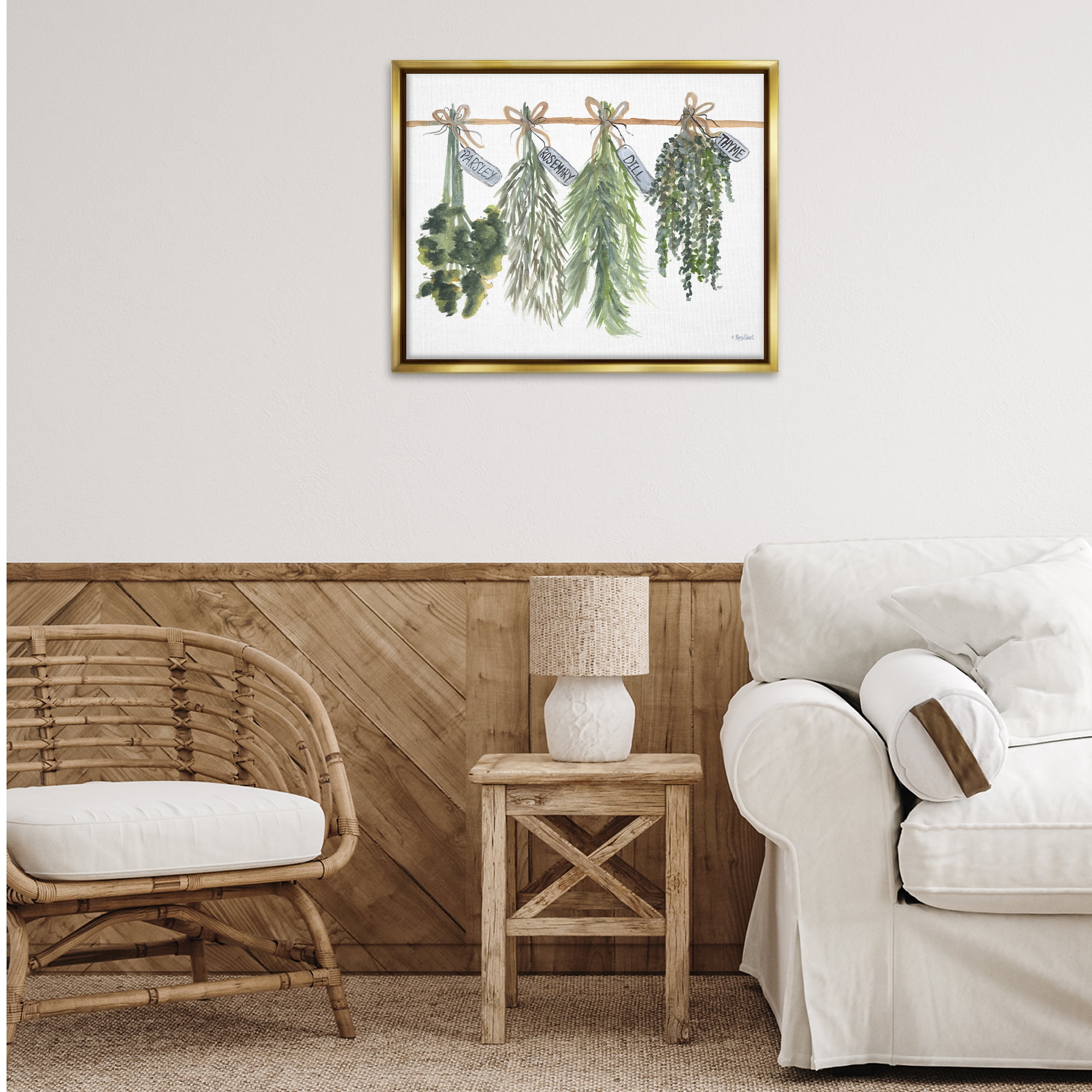 Stupell Industries Hanging Kitchen Herbs Botanical & Floral Painting Gold Floater Framed Canvas Art Print Wall Art, 31 x 25