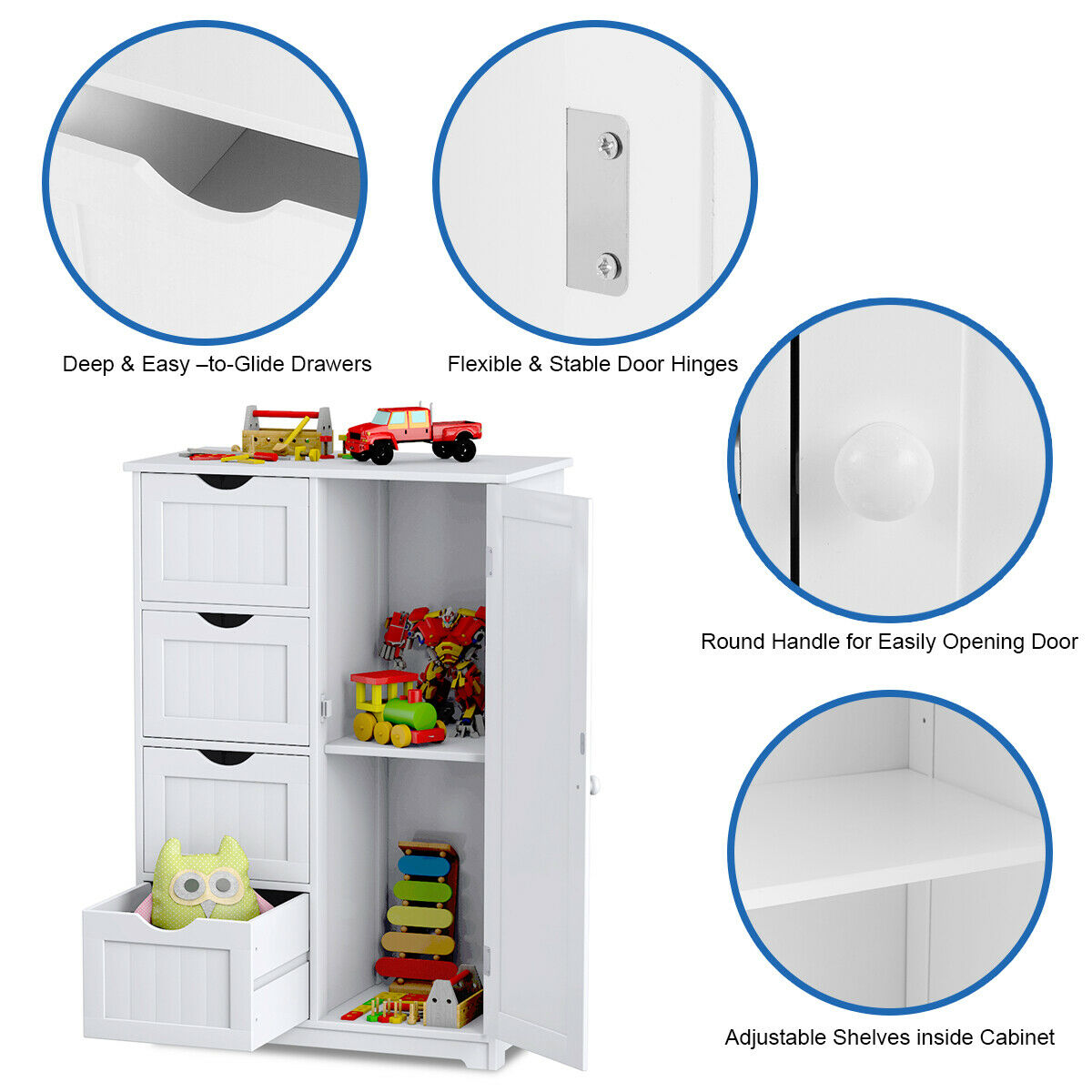 Costway Wooden 4 Drawer Bathroom Cabinet Storage Cupboard 2 Shelves Free Standing White - image 3 of 10