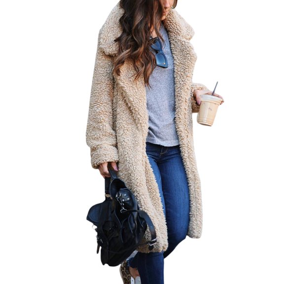 Bagilaanoe Women Ladies Lapel Teddy Bear Coat Faux Fur Fleece Jacket Overcoat Long Parka Outerwear