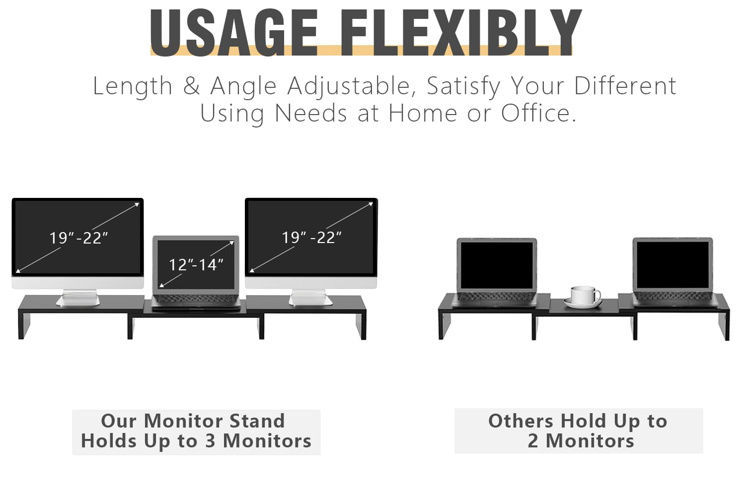 Tavr Dual Monitor Stand Riser Office Desktop Organizer For 2 Monitors  Adjustable Length And Angle 3 Shelf Extra Long Multifunctional Up To 43.3" Fit Computer Laptop Tv Black
