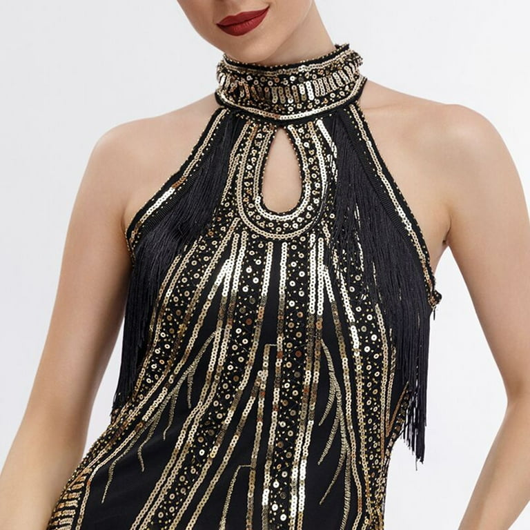 Njagoc3 Womens Halter Neck Sequin Flapper Dress, Fringe Trim, Roaring 20s  Party & Gatsby Costume