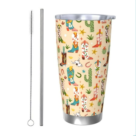 

Uemuo Groovy American Western Footwear Print Travel Coffee Mug 20oz Double-walled Car Cup Stainless Steel Insulated Tumbler Leak-proof Travel Cup Reusable Straw Car Cup-Straw Two-piece Set