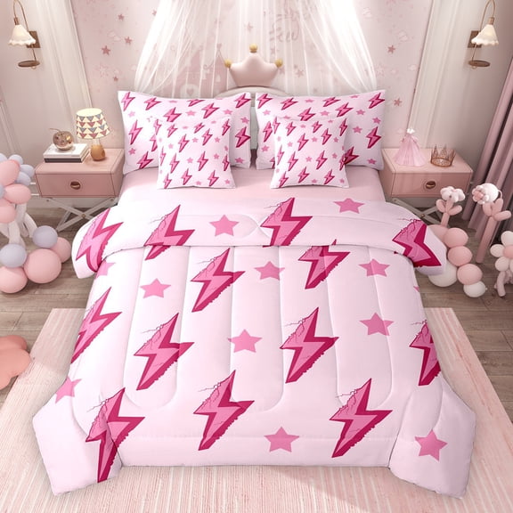 Erosebridal Pink Lightning Twin Bedding Sets for Girls, Glitter Stars Bedding Comforter Set, Pink Reversible, 7pcs