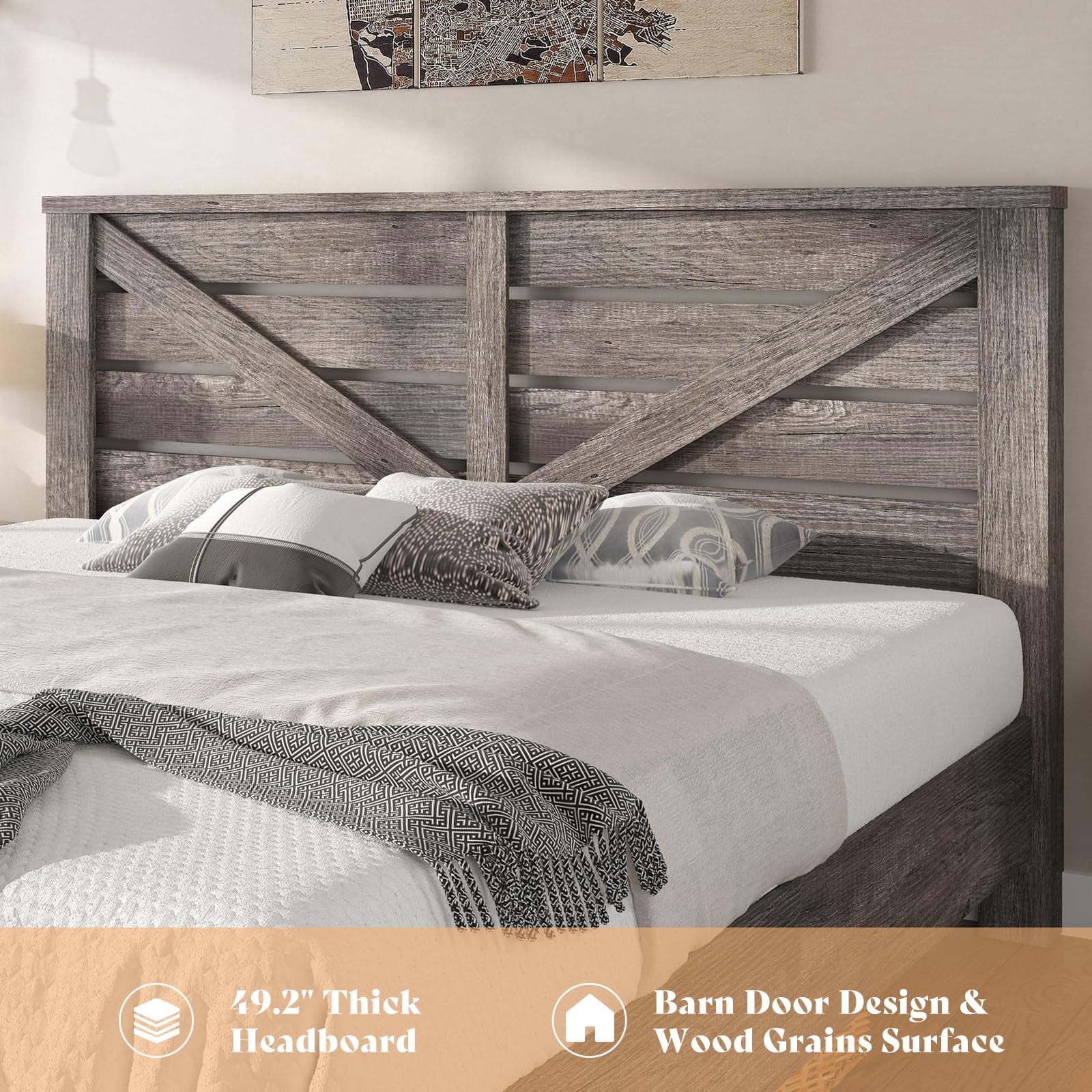 Papajet Queen Size Farmhouse Bed Frame with Barn Door Headboard, Wood Slats and Storage Space, Grey