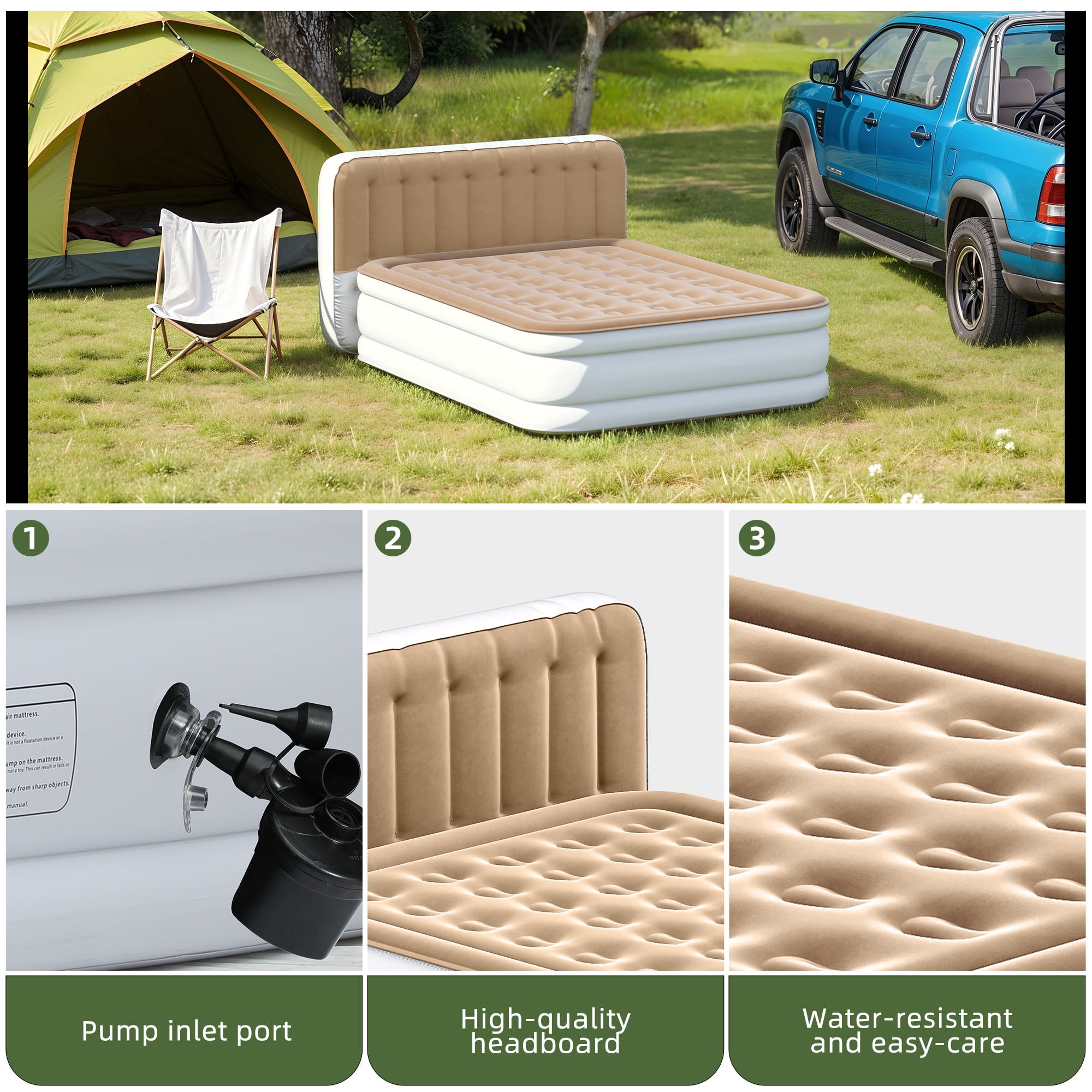 Uforic 18" Queen Air Mattress with Built-in Pump, Flocked Top Inflatable Bed with Banded Headboard for Home, Camping & Guests, Khaki