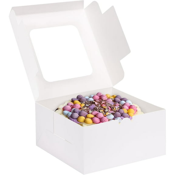 24pcs Cake Boxes, 10x10x5 Inches White Square Bakery Boxes with Window Cajas Pasteles for Cake, Mother's Day, Pastries, Chocolates, Cookies, Pie, Birthday Party, Wedding