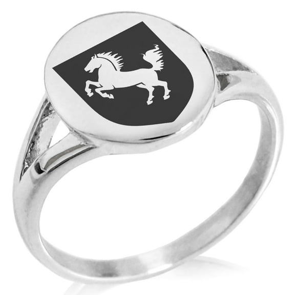 Tioneer Stainless Steel Horse Battle Coat of Arms Shield Minimalist Oval Top Polished Statement Signet Ring
