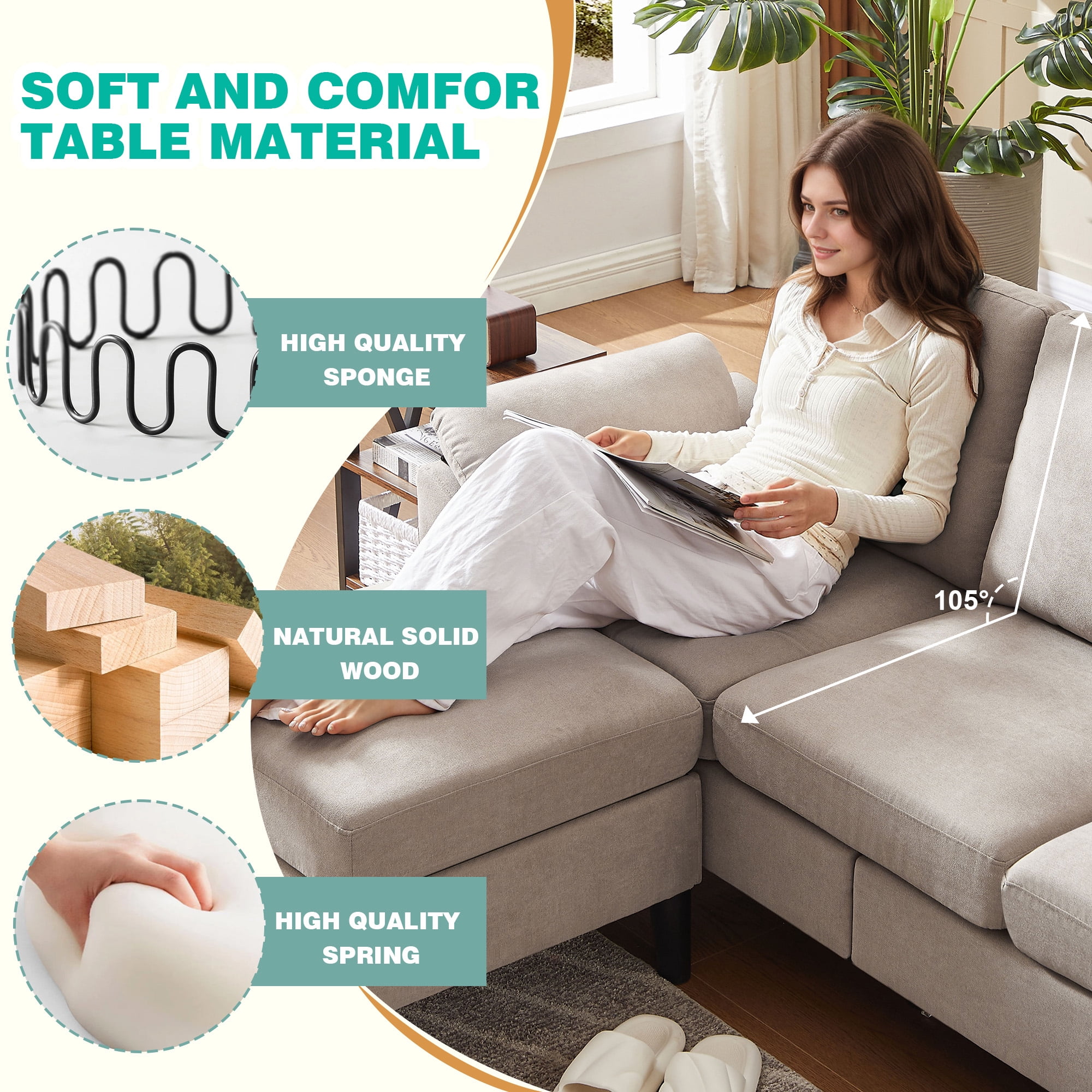 Jarenie Modern Fabric L-Shapped Sofa Sectional Couche for Living Room Convertible Sofa with Ottoman