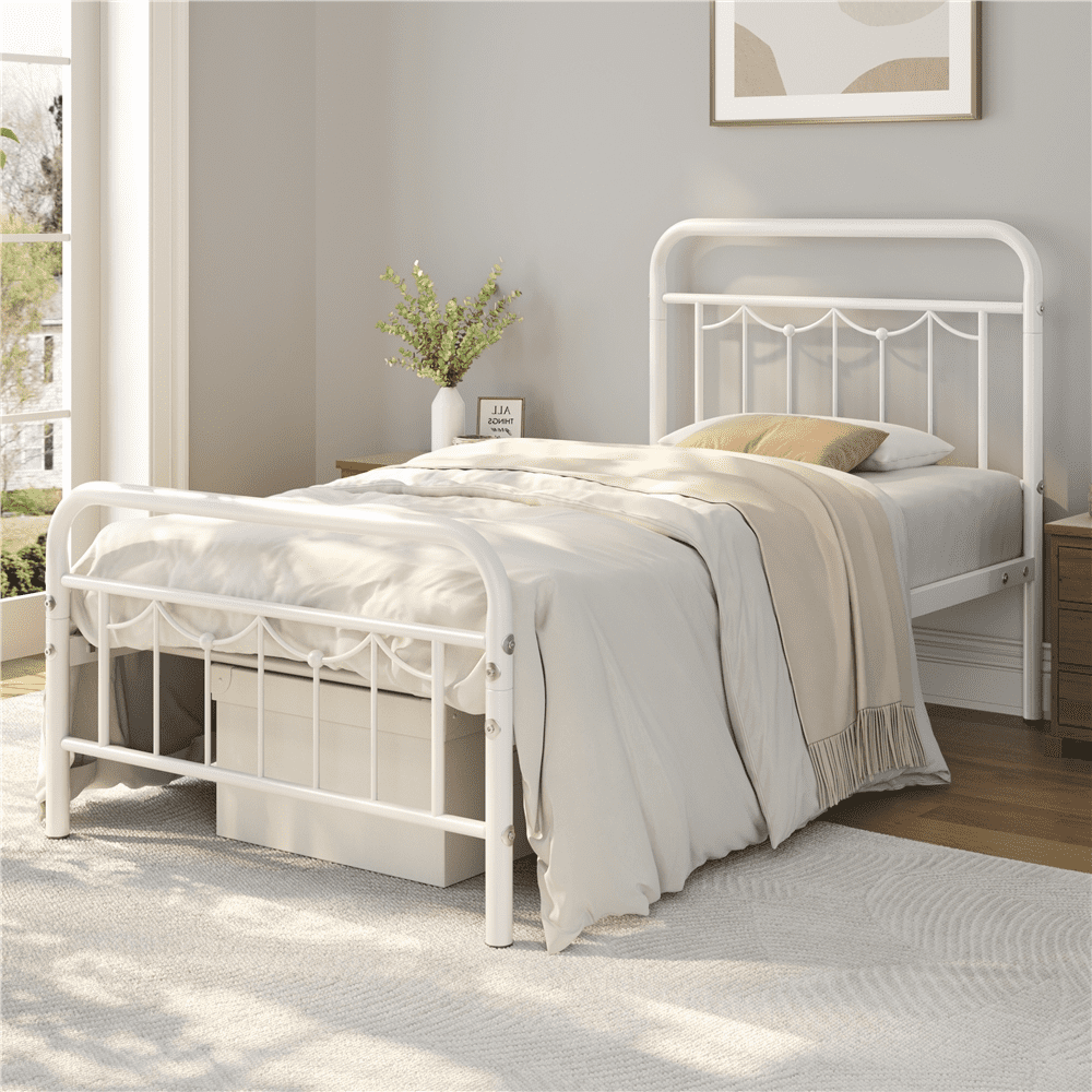 FullFurnique Metal Platform Bed Frame with Vintage Headboard and Footboard, Twin, White