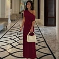 thumbnail image 2 of Burgundy Women One Shoulder Ruched Maxi Dress Asymmetrical Draped Neck Slim Fit Evening Party Gown, 2 of 5