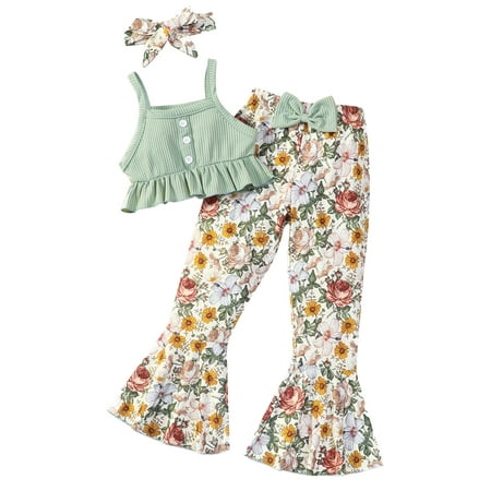 

Kids Girls Fashional Soild Suspender Top Floral Printed Flared Pants Hairband 3pcs Girls Outfits&Set