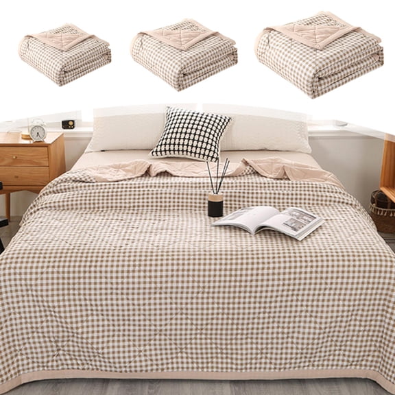 Khaki Plaid Washed Cotton Summer Cool Quilt, Skin Friendly Soft Breathable Air Conditioner Quilt, Machine Washable Fade Resistant Quilt for Naked Sleeping Home Bedroom Use, 70.87x78.74In
