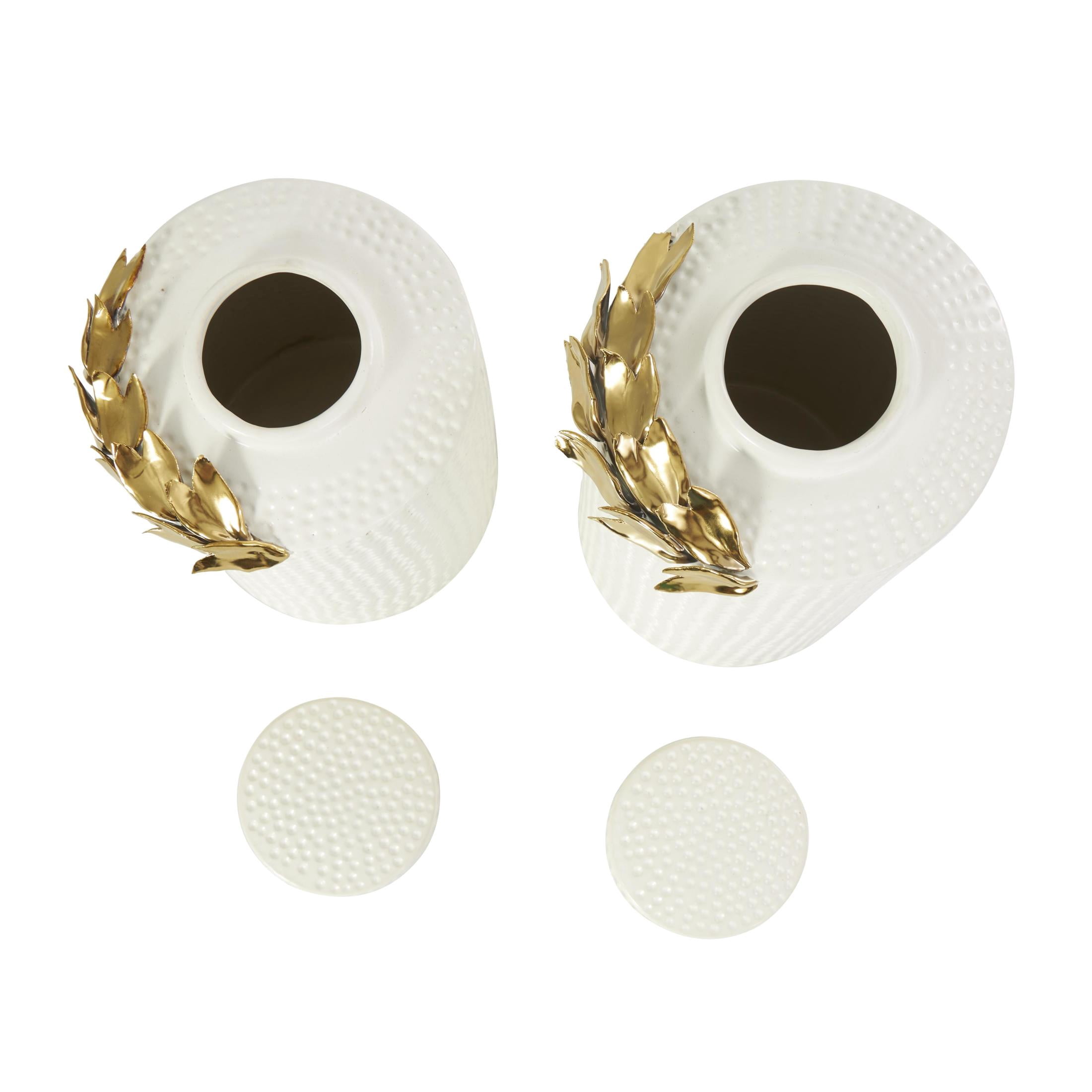 DecMode 11", 9"H White Ceramic Leaf Decorative Jars with Abstract Spotted Pattern and Gold Accents, 2-Pieces