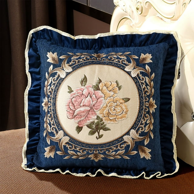 Almohada con bordado de encaje | Cojín decorativo para sofá y cama de 55 x 55 cm | Tejido de poliéster con ribete de borlas para sala de estar, dormitorio o coche