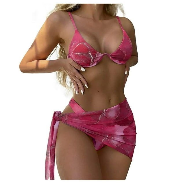 Womens 3 Piece Swimsuits Sexy Triangle Bikini Set String Thong Bathing Suit with Sarongs Cover up