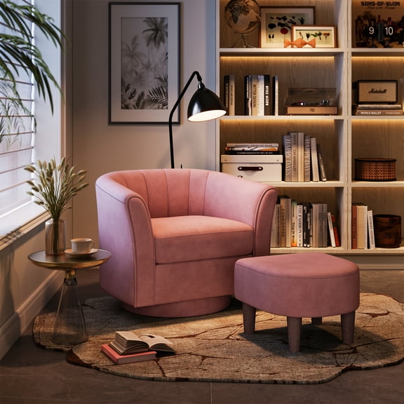 LINSY HOME Swivel Accent Chair with Ottoman, Velvet Barrel Chair, Single Chair for Bedroom Room, Pink