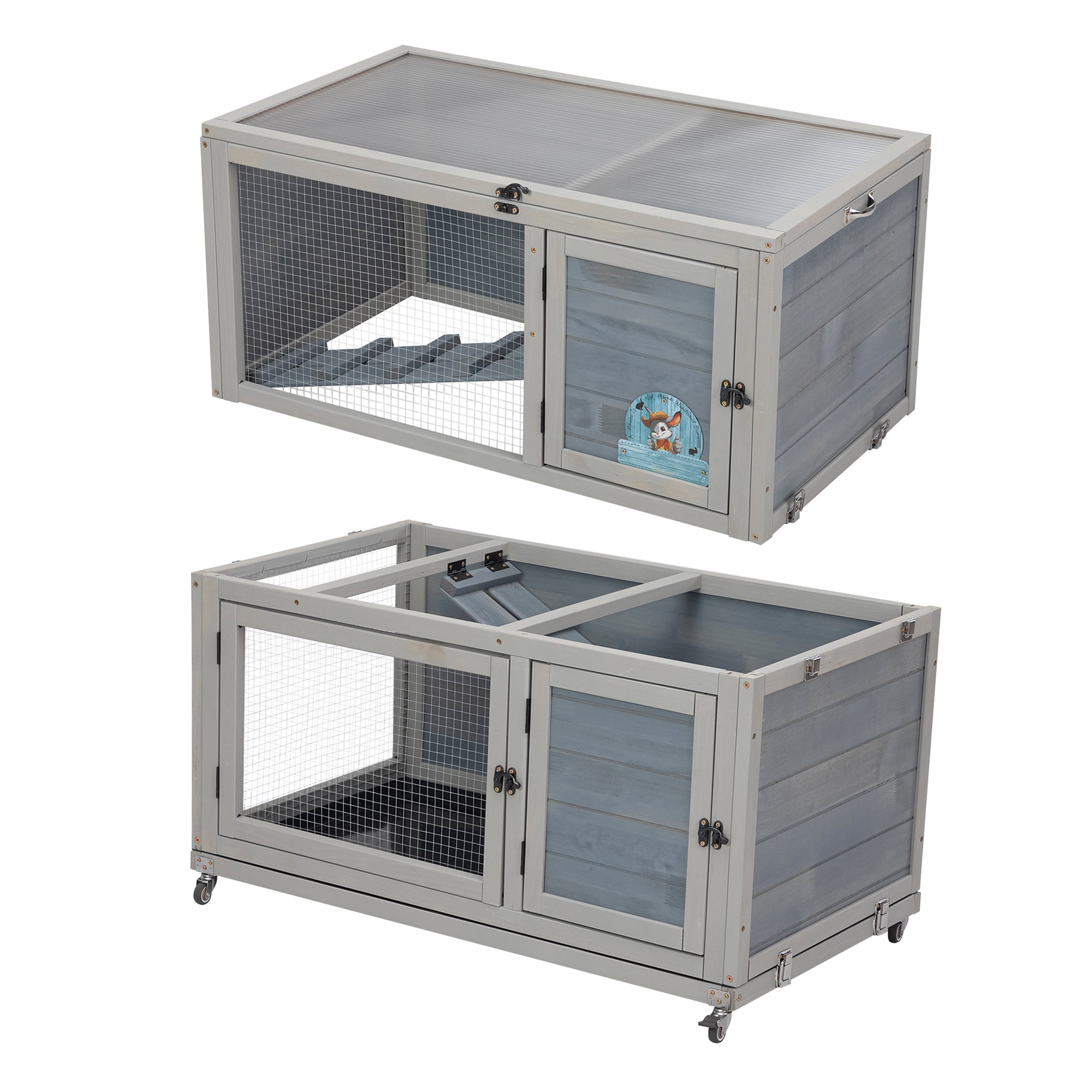 Pefilos 36" Wooden 2-Tier Rabbit Hutch, Outdoor Bunny Cage with Wheels, Small Animal Pet Cage with Ramp, Tray, 2 Doors, Openable Top, Lockable, Gray