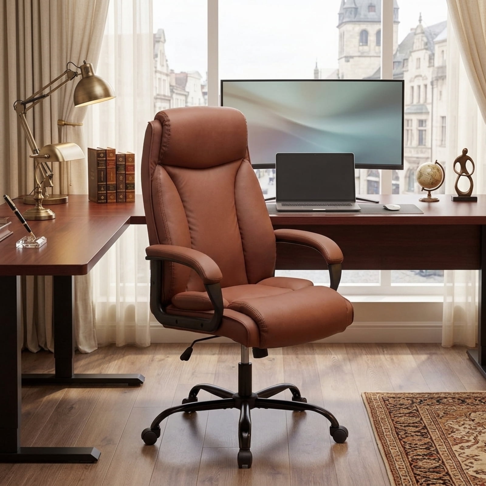 Furnibear Big and Tall Office Chair 400lb High Back Executive Computer Chair with PVC Leather Rocking Backrest and Swivel Seat, Brown