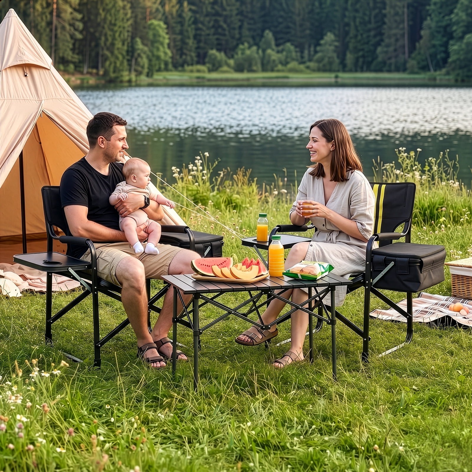 Folding Camping Chair with Side Table & Insulated Cooler Bag, Spray-Coated Aluminum Frame, 265 lbs Capacity Foldable Outdoor Chair for Camping Beach Fishing Picnic, 46.46" x 20.87" x 33.46"
