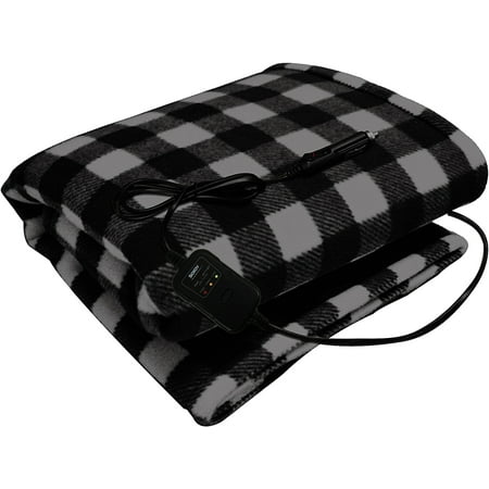 Sojoy 12V Heated Travel Electric Blanket for Car, Truck,Boats or RV with High/Low Temp control Checkered Black and