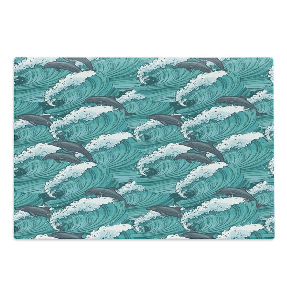 Sea Animals Cutting Board, Wavy Ocean with Dolphins Windy Surfing Doodle Style Art Print, Decorative Tempered Glass Cutting and Serving Board, Large Size, Charcoal Grey Teal White, by Ambesonne