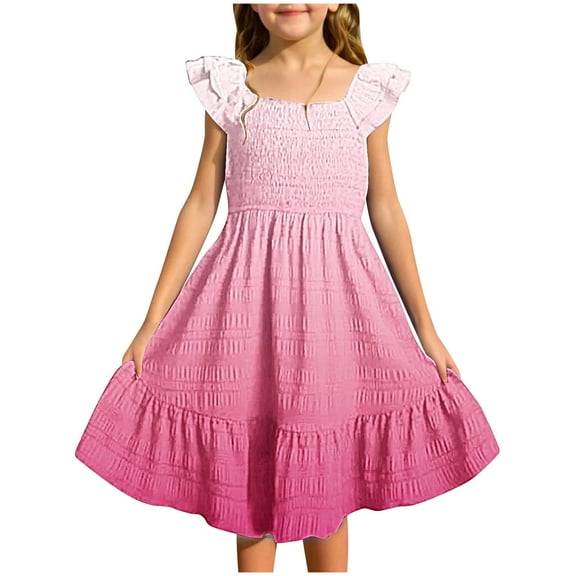 KAUOD Girls Tiered Sleeve Square Neck Summer Dress Gradient Color Flowy Swing Pleated Dresses Knee Length Cute Elegant Skirts