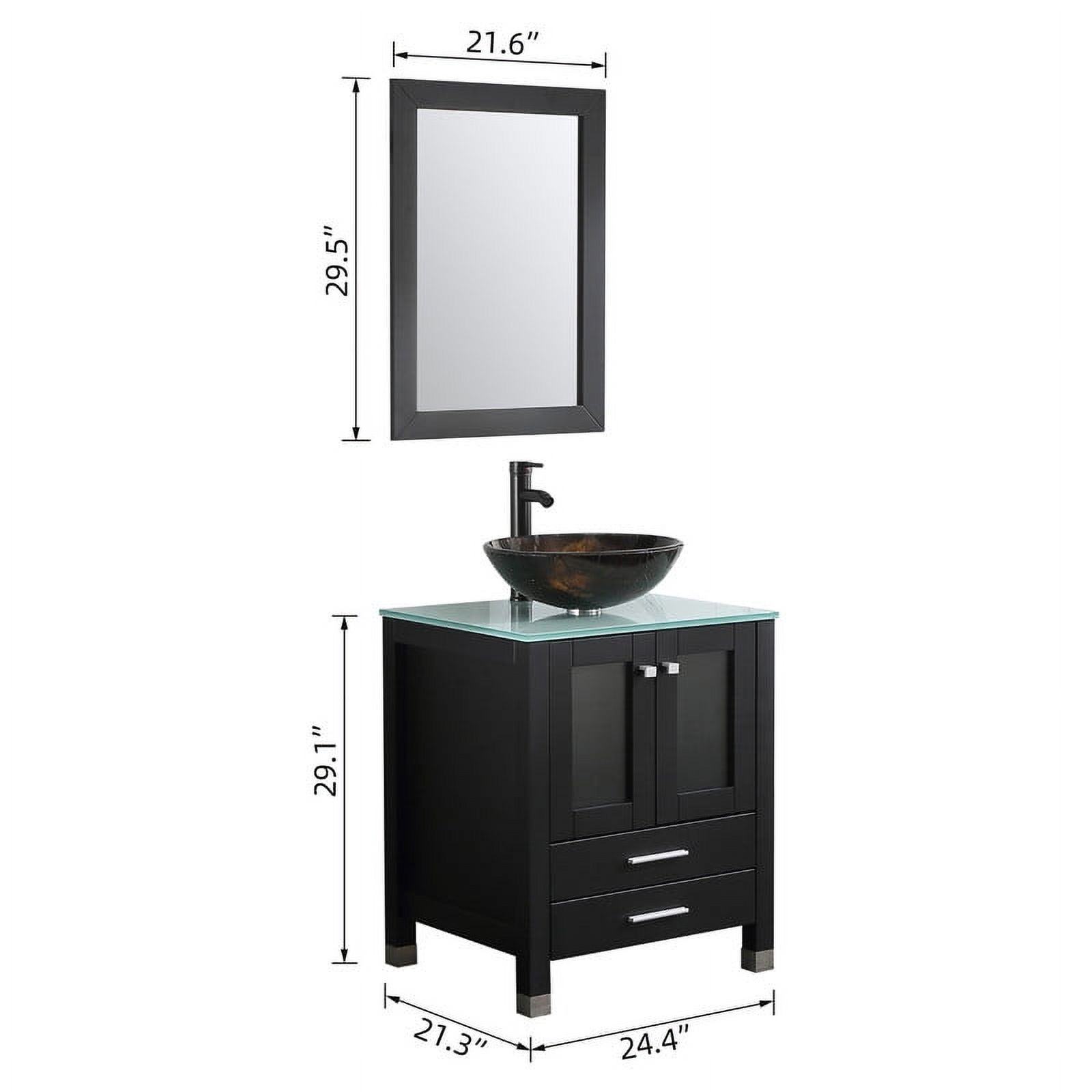 Walsport 24" Luxurious Wood Bathroom Vanity Cabinet Golden Brown Round Vessel Sink Vanity Cabinet Tempered Glass Top w/ Mirror,Black