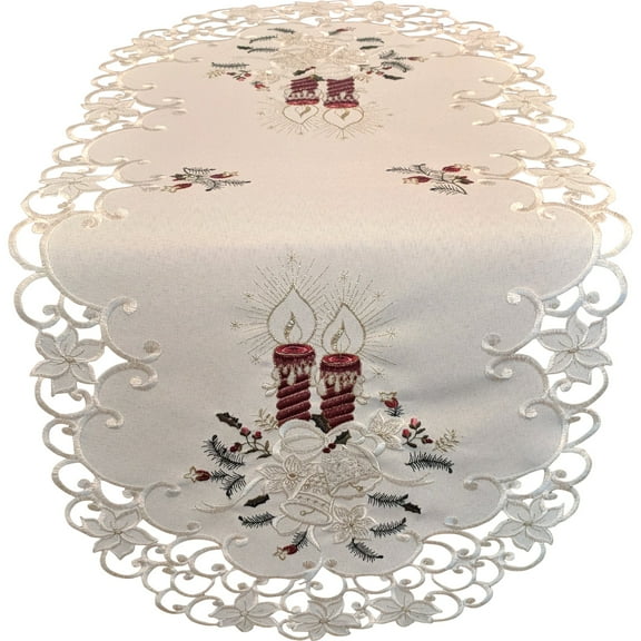 Doily Boutique Christmas Table Runner with Burgundy Candles on Ivory Burlap Style Fabric Size 70 x 15 inches