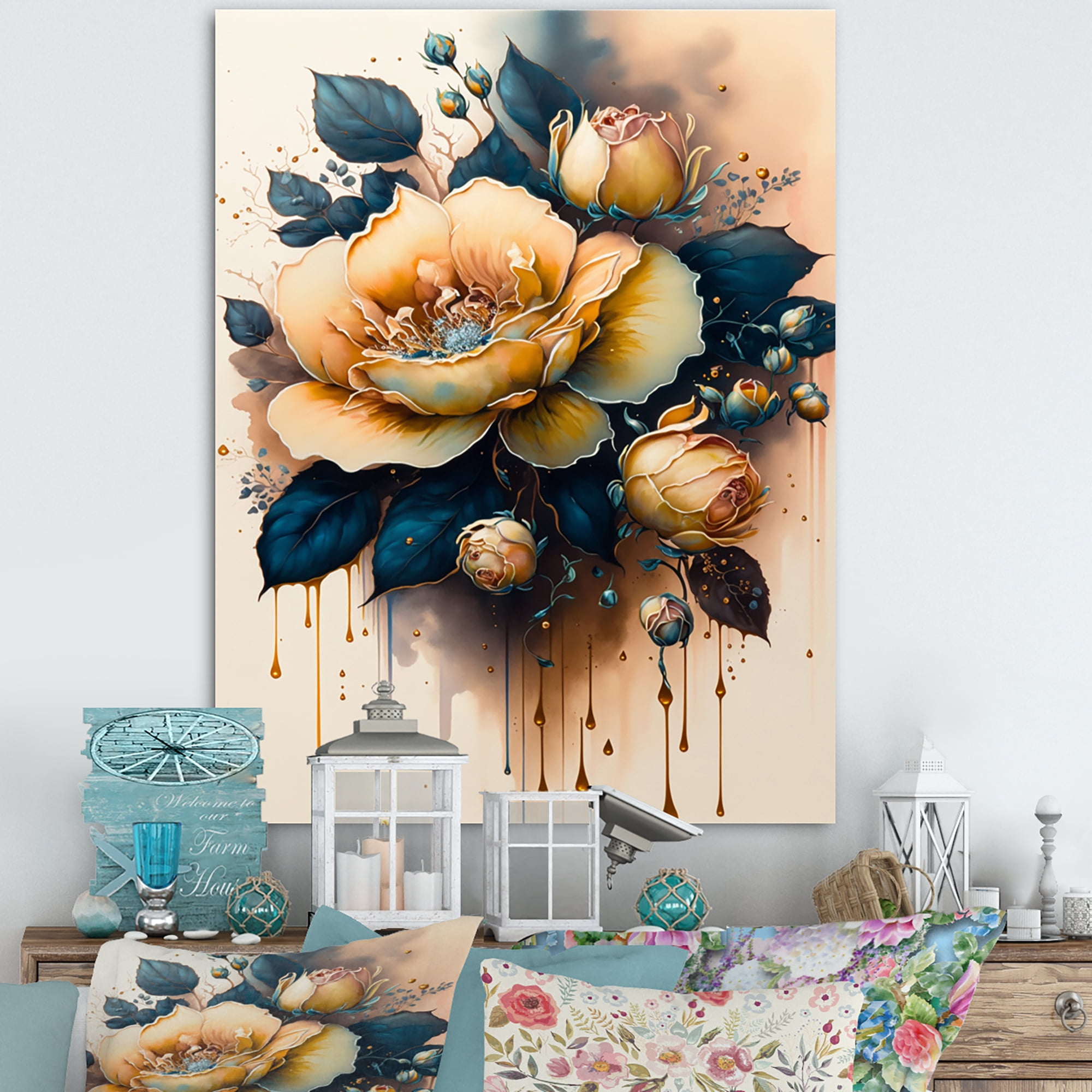 Designart Yellow And Blue Roses III Canvas Wall Art