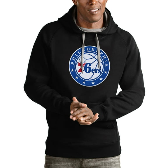 Men's Antigua Black Philadelphia 76ers Team Logo Victory Pullover Hoodie