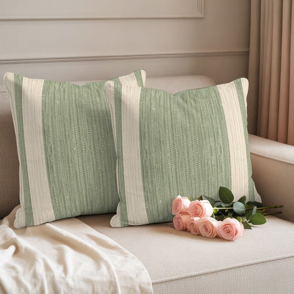 Outdoor Waterproof Pillow Covers Sage Green Stripe Retro Linen Decorative Throw Pillow Protectors,Classic Country Lines Pillowcase Cushion Cases for Patio Sofa Garden Couch,16x16in,Pack of 2