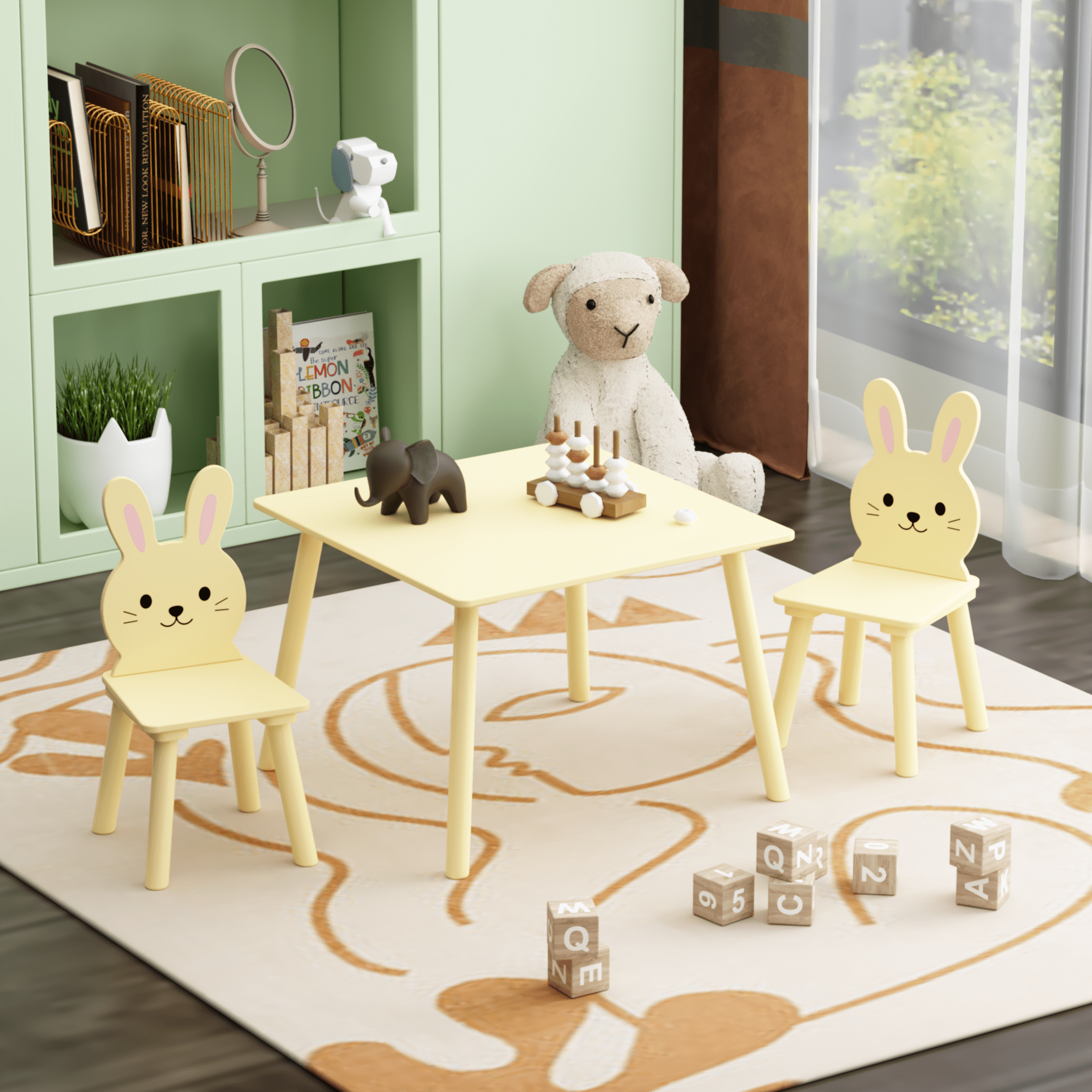 Kids Table and Chair Set with 2 Bunny Chairs, Children's Wooden Activity Table for Toddlers, Cute Animal Design Study Play Set for Playroom, Bedroom, Classroom