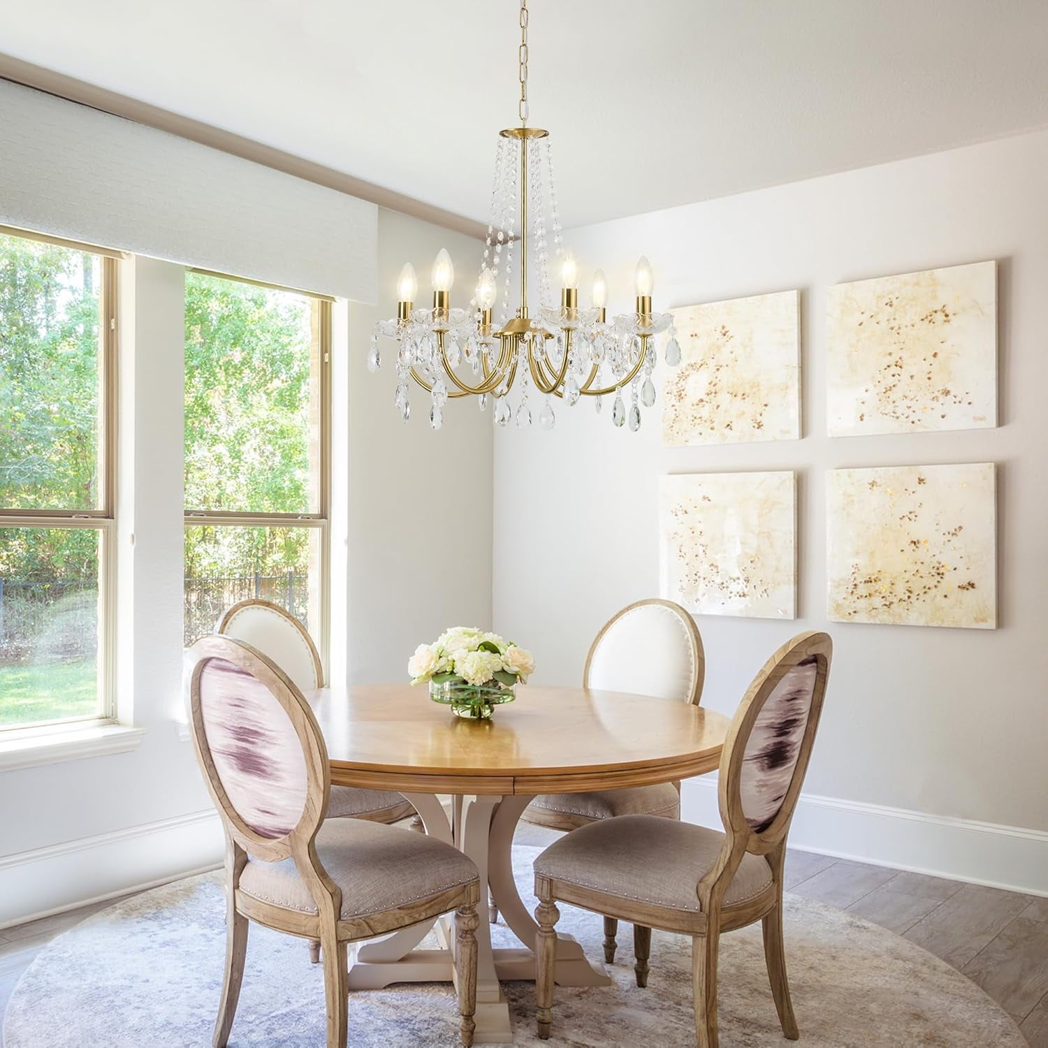 Plug in Crystal Chandelier for Living Room,Golden Hanging Pendant Light with Clear 14.76 ft Cord and On/Off, 6 Light Crystal Chandelier for Wedding, Kitchen, Dining,Foyer