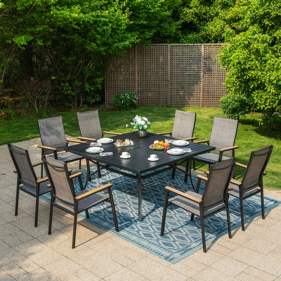 Summit Living 9 Pieces Outdoor Patio Dining Set with 8 Aluminum Stackable Armchairs and 1 Large Square Steel Table,Black&Gray
