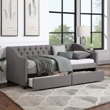 Twin Size Daybed with 2 Drawers, Modern Linen Tufted Upholstered Daybed with Wood Slat Support Dual-use Sofa Bed with Nailhead Trim and Curved Arms Wood Platform Bed Frame No Box Spring Needed, Gray