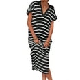thumbnail image 2 of Aojekbee Women's Knit Midi Dress Short Sleeve Lapel Collar Striped Print Long Dress Going Out Dress, 2 of 8