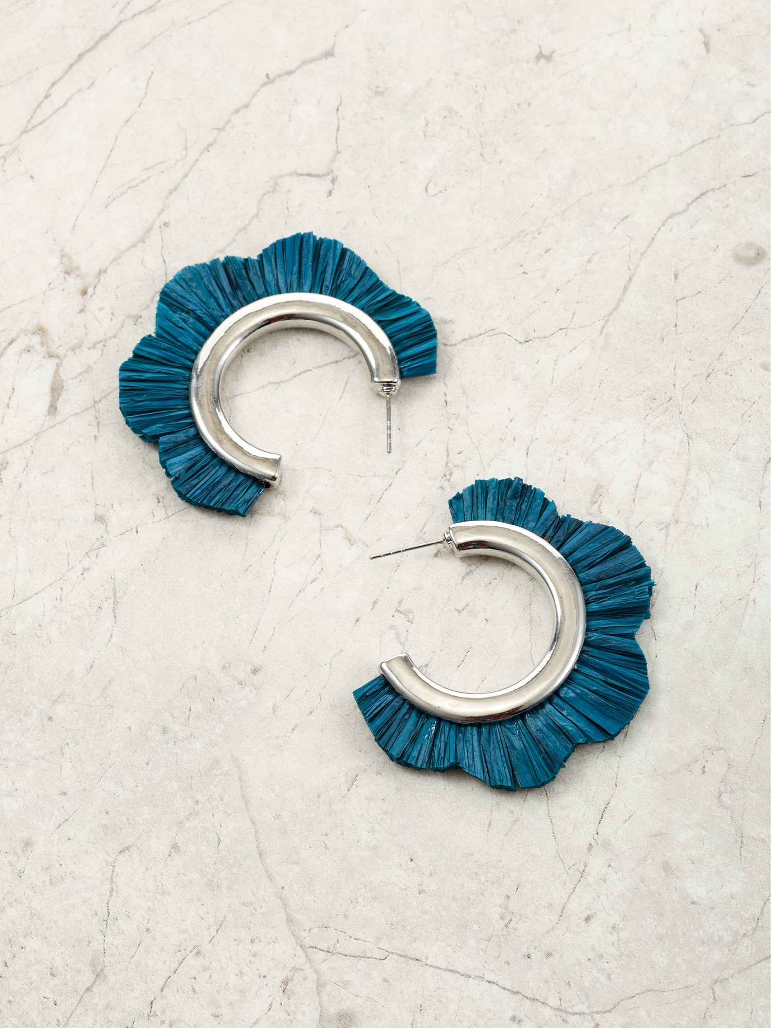 Time and Tru Woven Raffia and Silvertone Hoop Earring, Teal, 1 Pair
