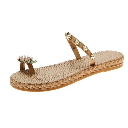 

Slippers for Women Fashion Spring And Summer Women Slippers Pineapple Pearl Open Toe Round Toe Flat Bottom Womens Slippers Pu Beige 37
