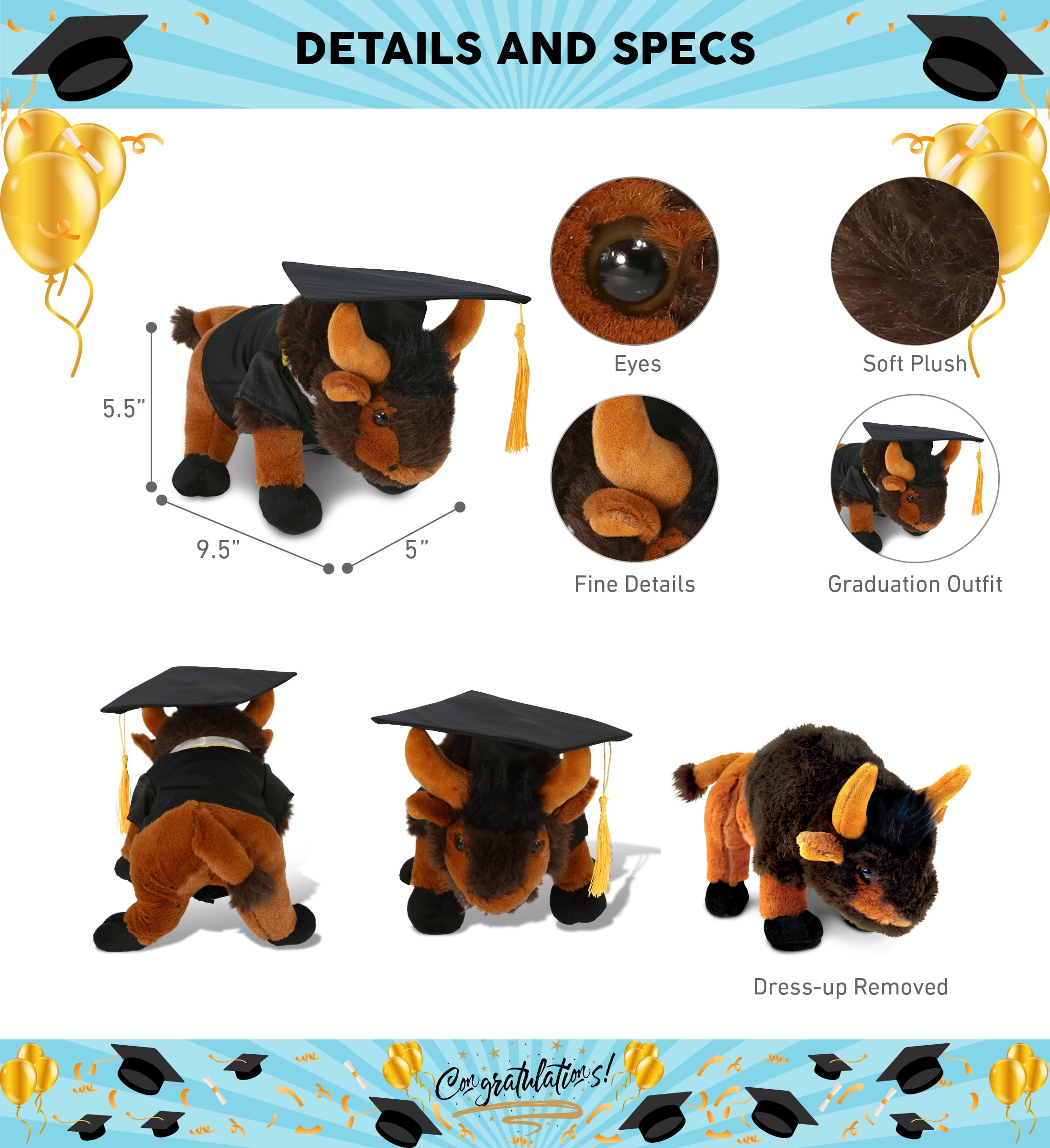 DolliBu Wild Small Buffalo Graduation Plush Toy - Super Soft Graduation Stuffed Animal Dress Up with Gown and Cap with Tassel Outfit - Reward Celebration Grad Gift - 9.5 Inches