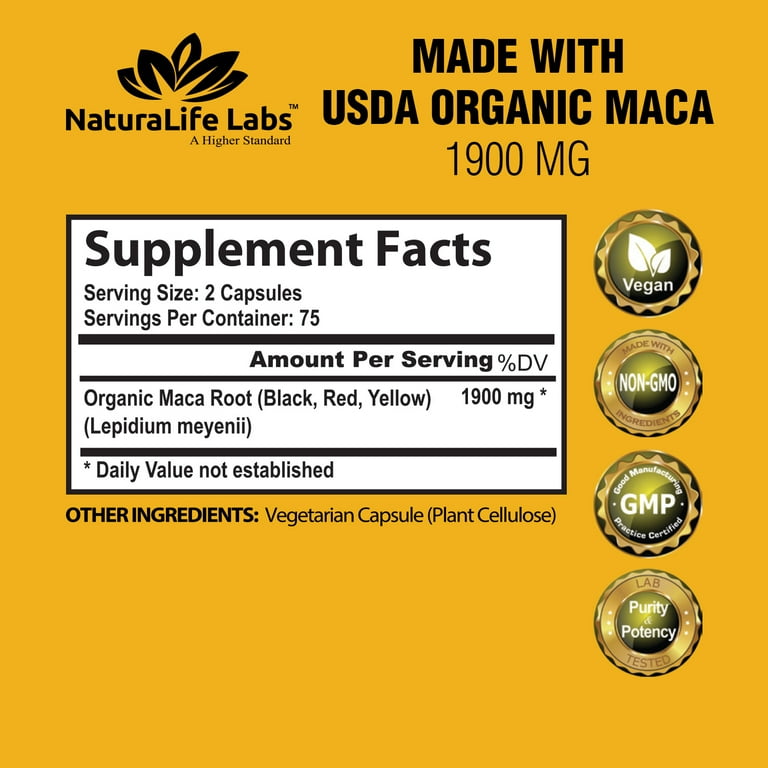 Organic Maca Root Black, Red, Yellow 1900 mg per serving - 150 Vegan Capsules Peruvian Maca Root Gelatinized